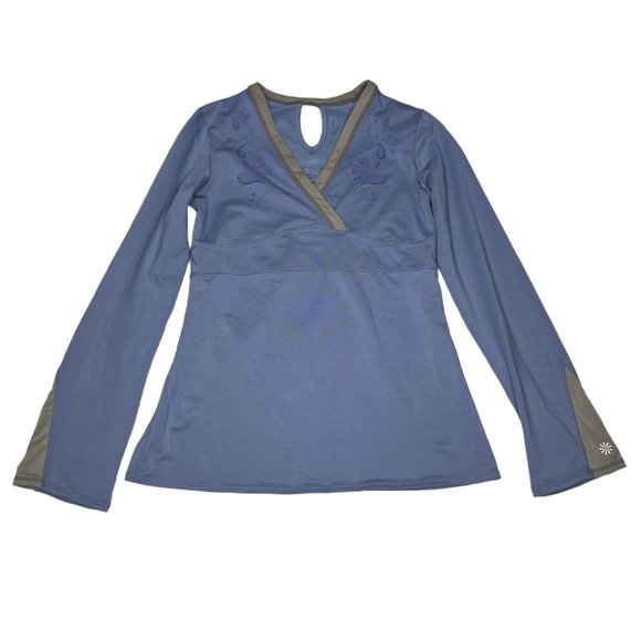 Athleta Shirt Womens Medium Blue Long Sleeve Athletic Active Wear V Neck - Picture 1 of 11